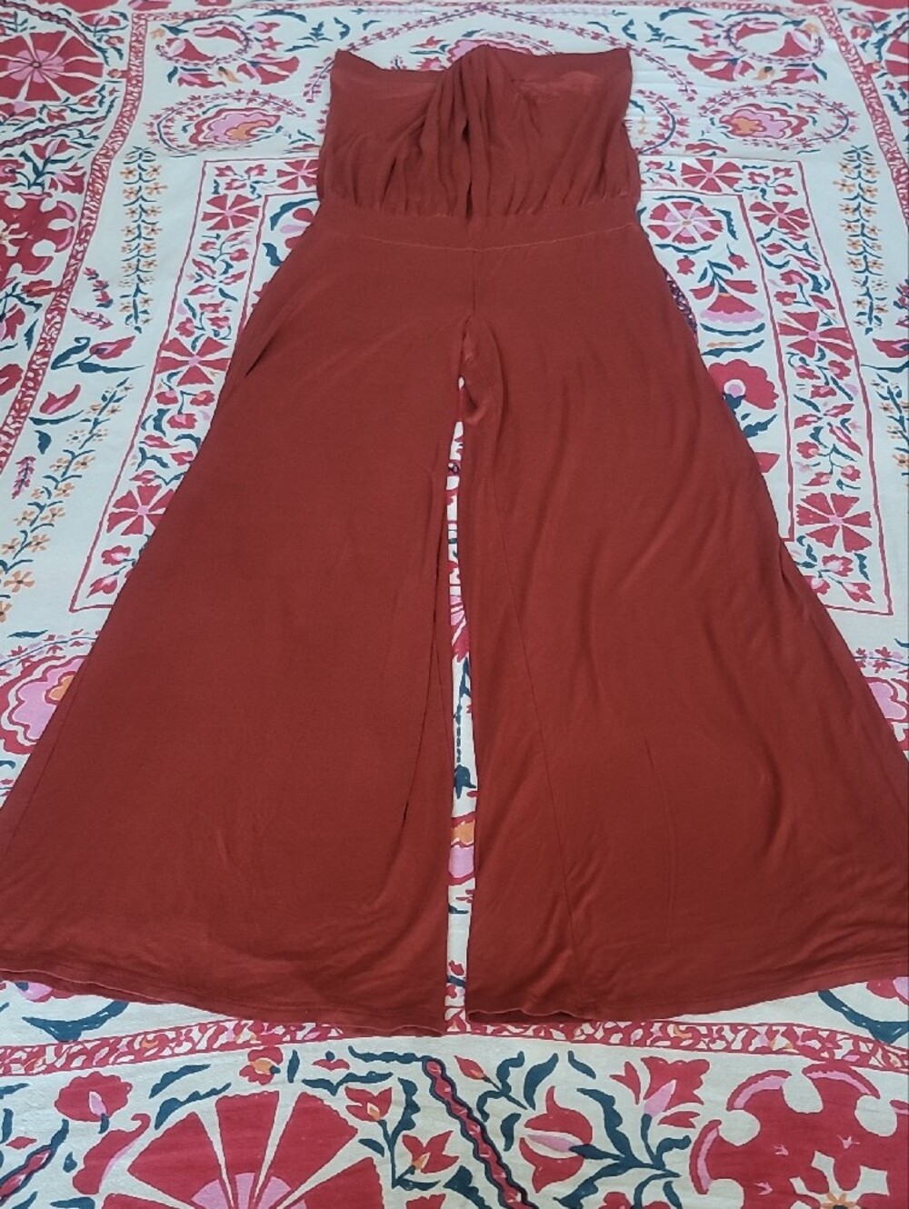 NWOT Ya Strapless 70s Retro Rust Wide-Leg Jumpsuit with Bodice Drape Detail